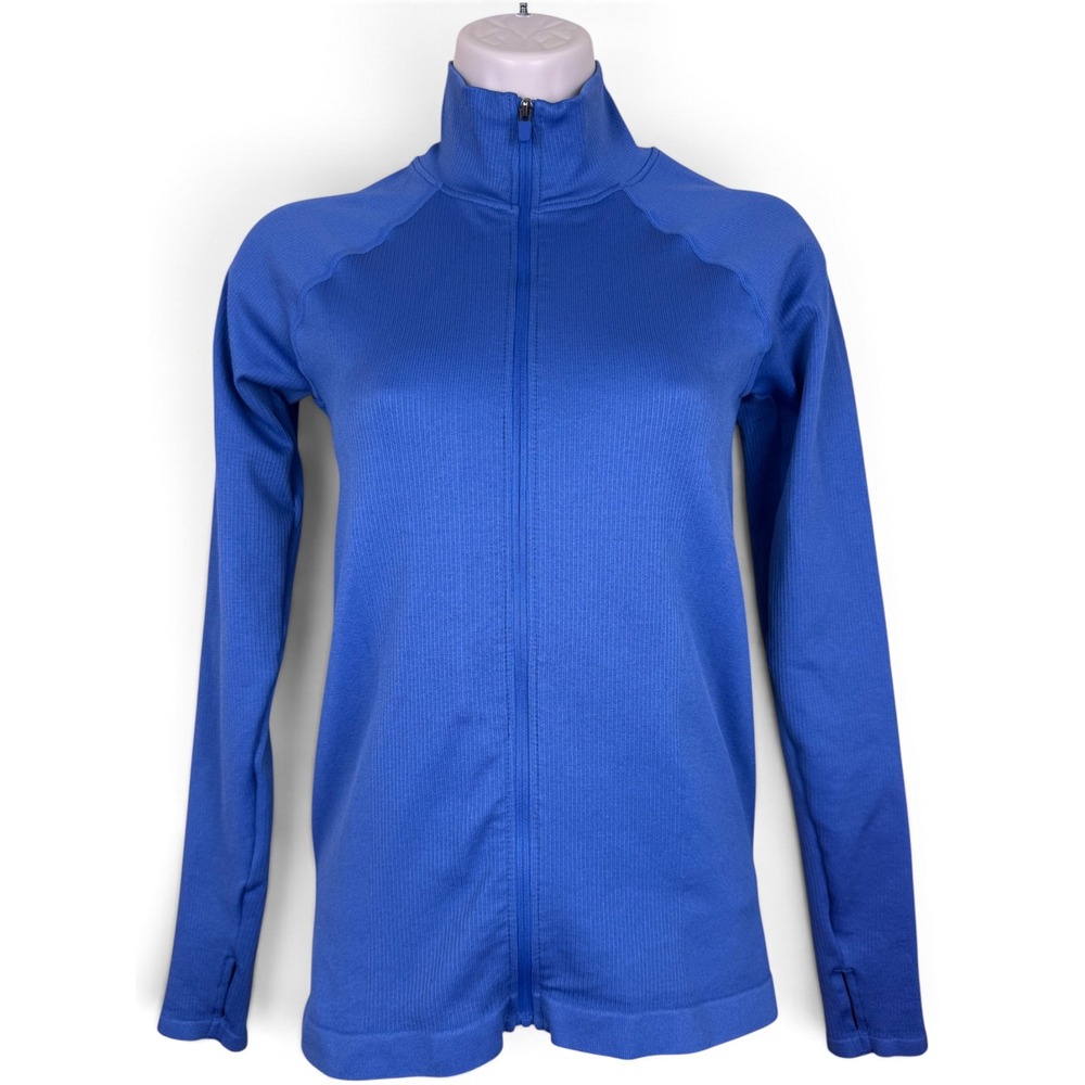 Fabletics Luciana Rib Seamless Long Sleeve Zip Up Jacket Blue XS Thumbholes